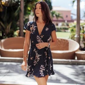 Lost + Wander Navy Blue Ruffle Front Floral Polka Dot Mini Dress Medium